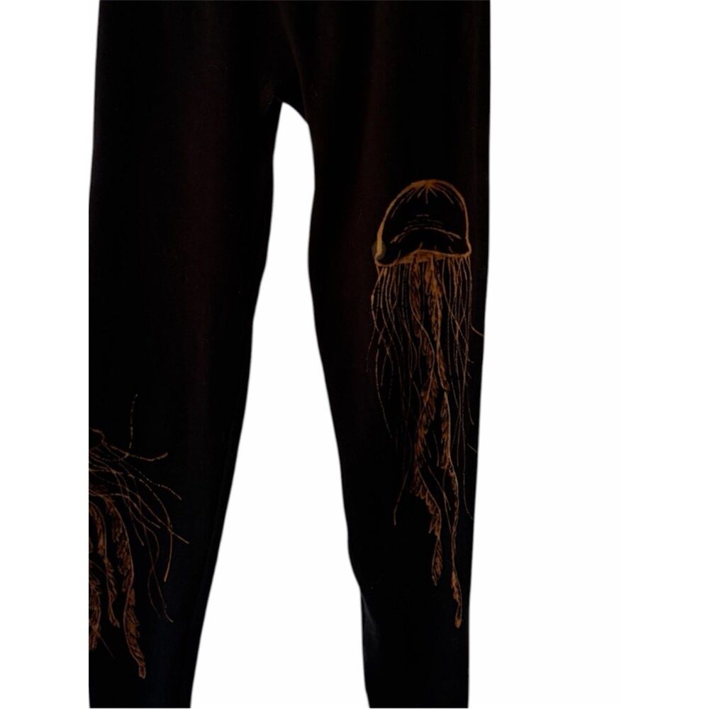 Wearable Art Black Leggings w/ Hand Painted Orange Jellyfish Graphic 🪼 - Picture 3 of 4